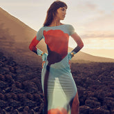 Robe imprimée à col rond et robe fendue transparente en maille